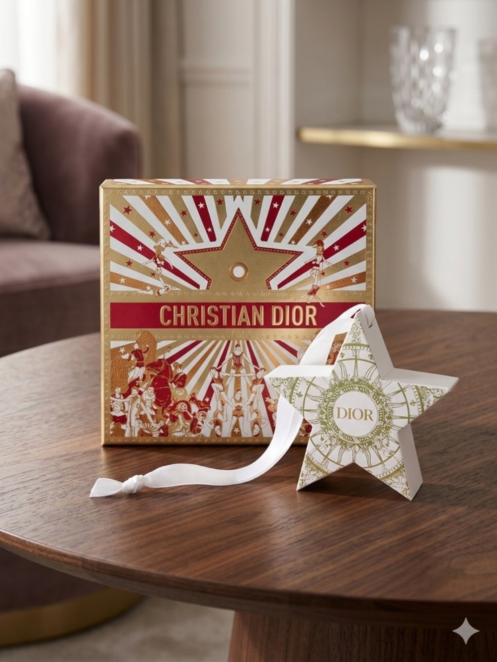 Dior Gold and Red Star Ornament with White Ribbon